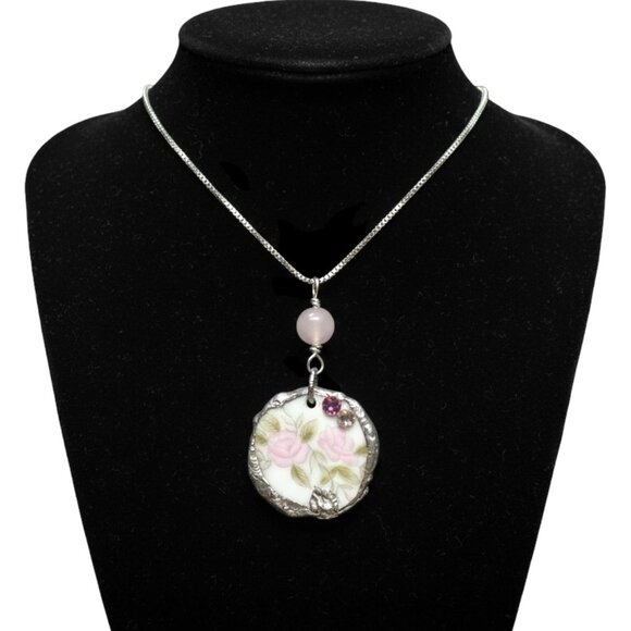 Alma Antigua Artisan Jewelry Jewelry - SOLD! Vintage Broken China Floral Pendant - 925 Silver Rose Quartz | Alma Antigu